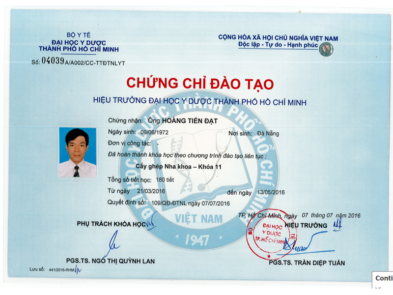 Chứng chỉ cấy ghép nha khoa