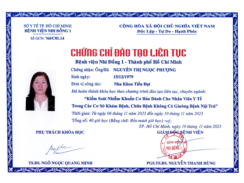 Chứng chỉ kiểm soát nhiễm khuẩn của bs Phượng